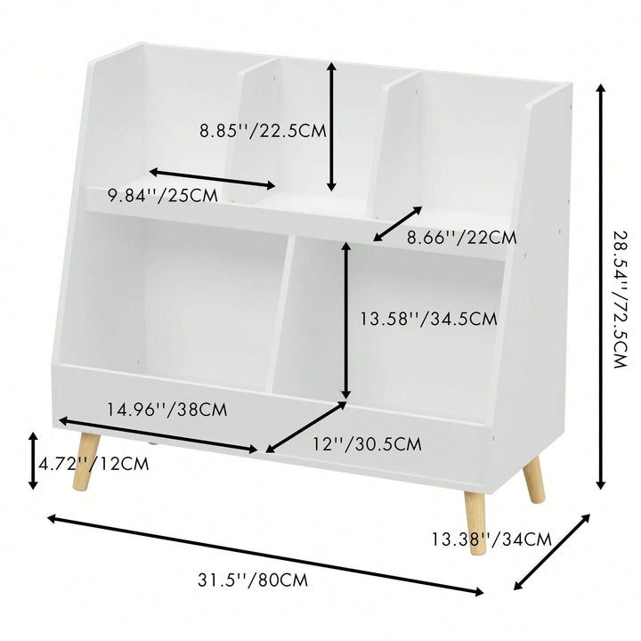 Modern Kids Bookshelf with 5 Cubbies and Legs for Nursery Bedroom Playroom Classroom Storage Organizer Image 4