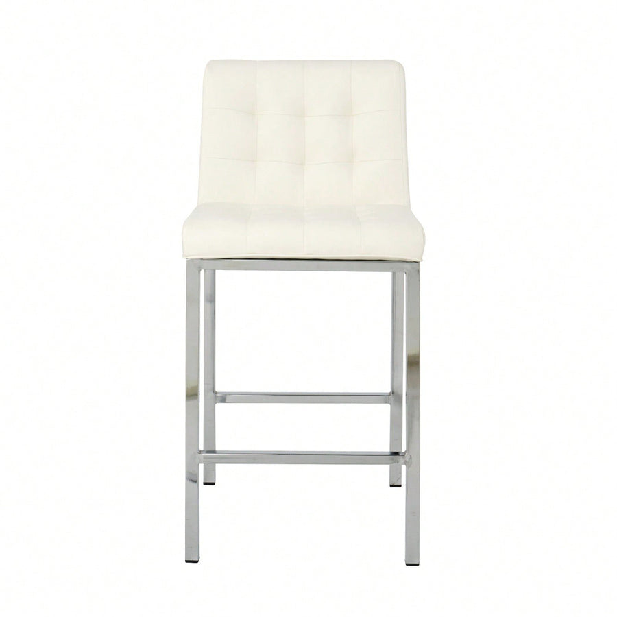 Modern Counter Stools (Set Of 2) - Comfortable PU Leather Bar Chairs With Electroplated Legs And Grid Design - White Image 1