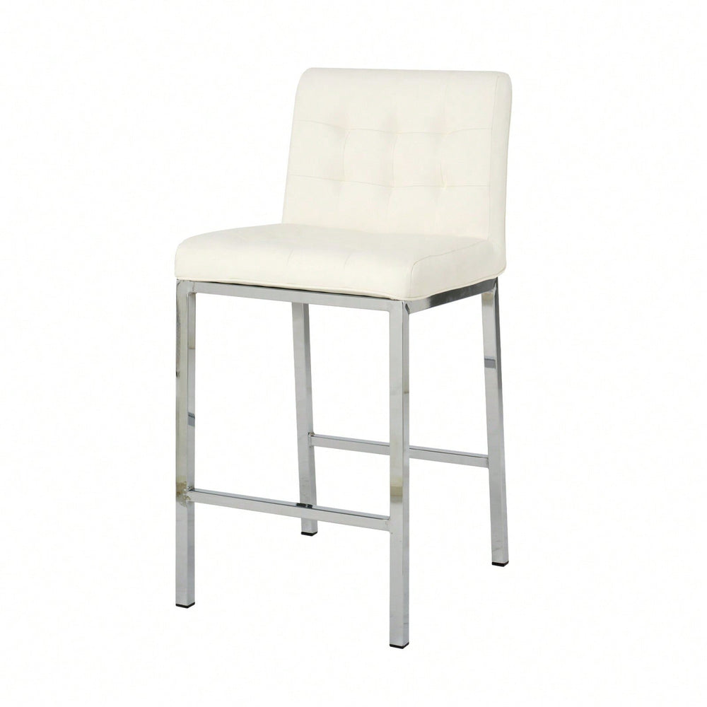 Modern Counter Stools (Set Of 2) - Comfortable PU Leather Bar Chairs With Electroplated Legs And Grid Design - White Image 2