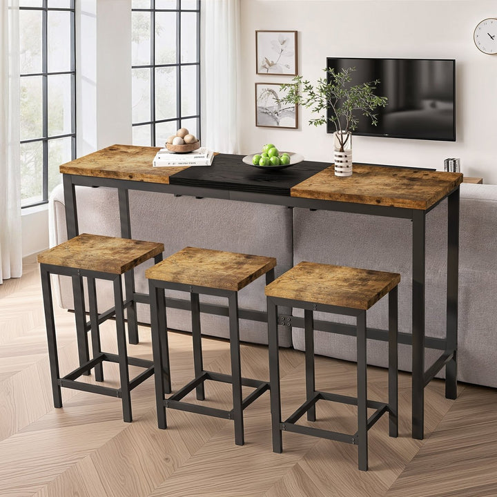 Modern Design Kitchen Dining Table, Pub Table, Long Dining Table Set with 3 Stools, Convenient Hanging Stool Design, Image 1