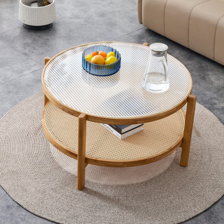 Modern Double-Layer Round Tea Table With Glass Top and Rattan Shelf, Small Side Table For Living Room, Dining Room and Image 1