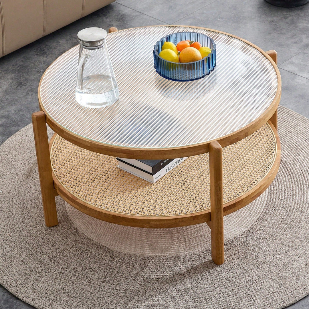 Modern Double-Layer Round Tea Table With Glass Top and Rattan Shelf, Small Side Table For Living Room, Dining Room and Image 2