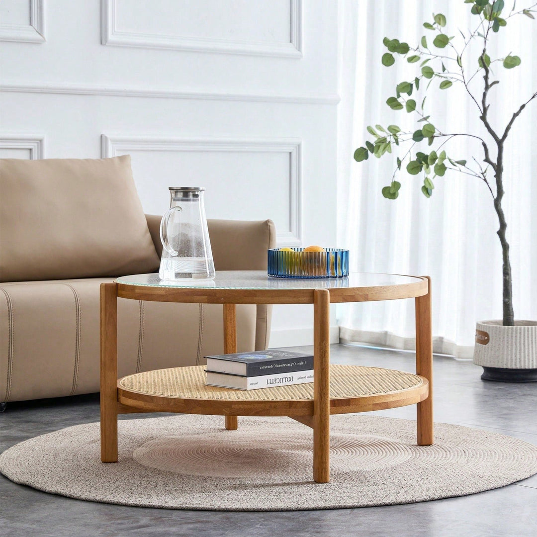 Modern Double-Layer Round Tea Table With Glass Top and Rattan Shelf, Small Side Table For Living Room, Dining Room and Image 3