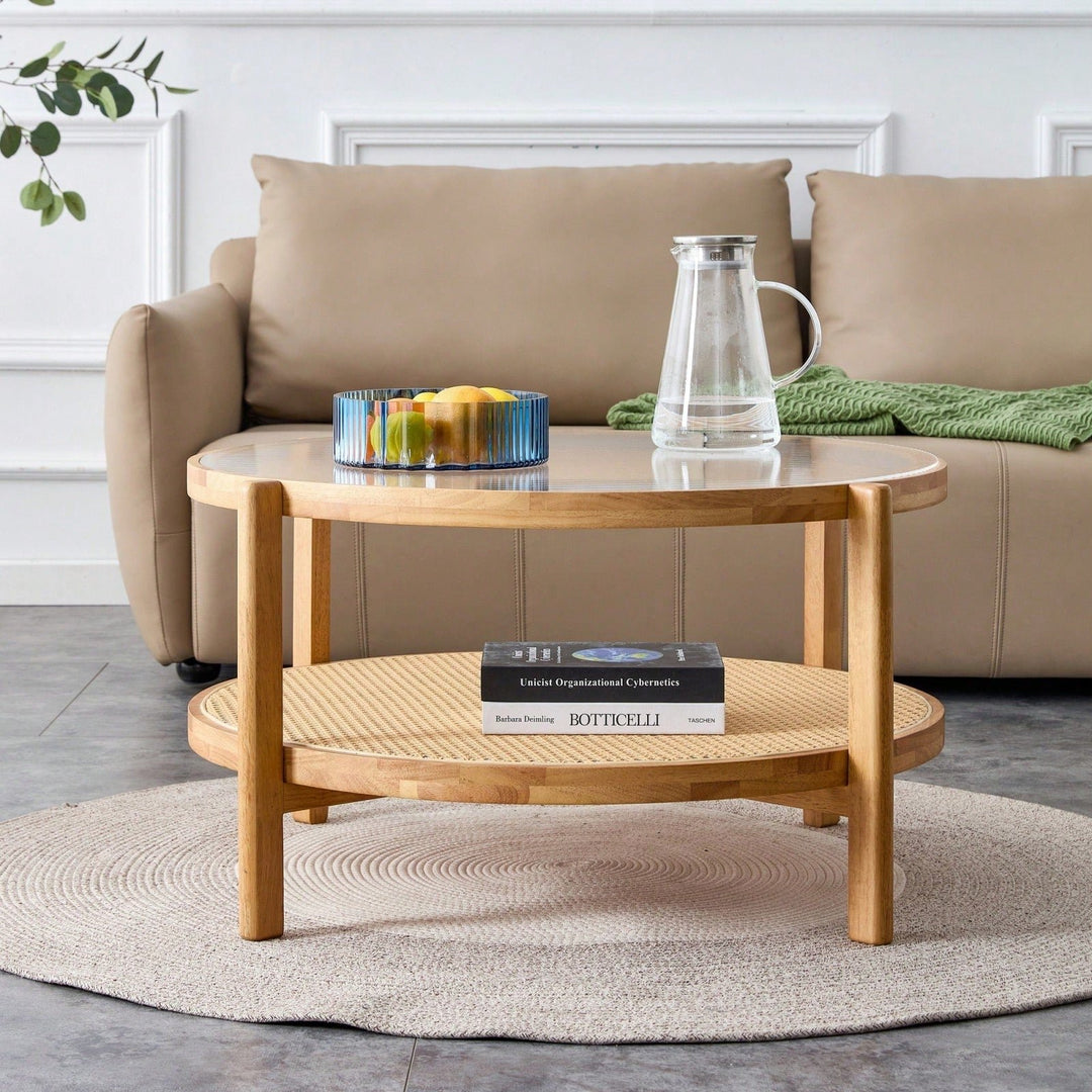 Modern Double-Layer Round Tea Table With Glass Top and Rattan Shelf, Small Side Table For Living Room, Dining Room and Image 4