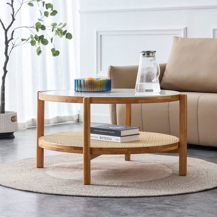 Modern Double-Layer Round Tea Table With Glass Top and Rattan Shelf, Small Side Table For Living Room, Dining Room and Image 5