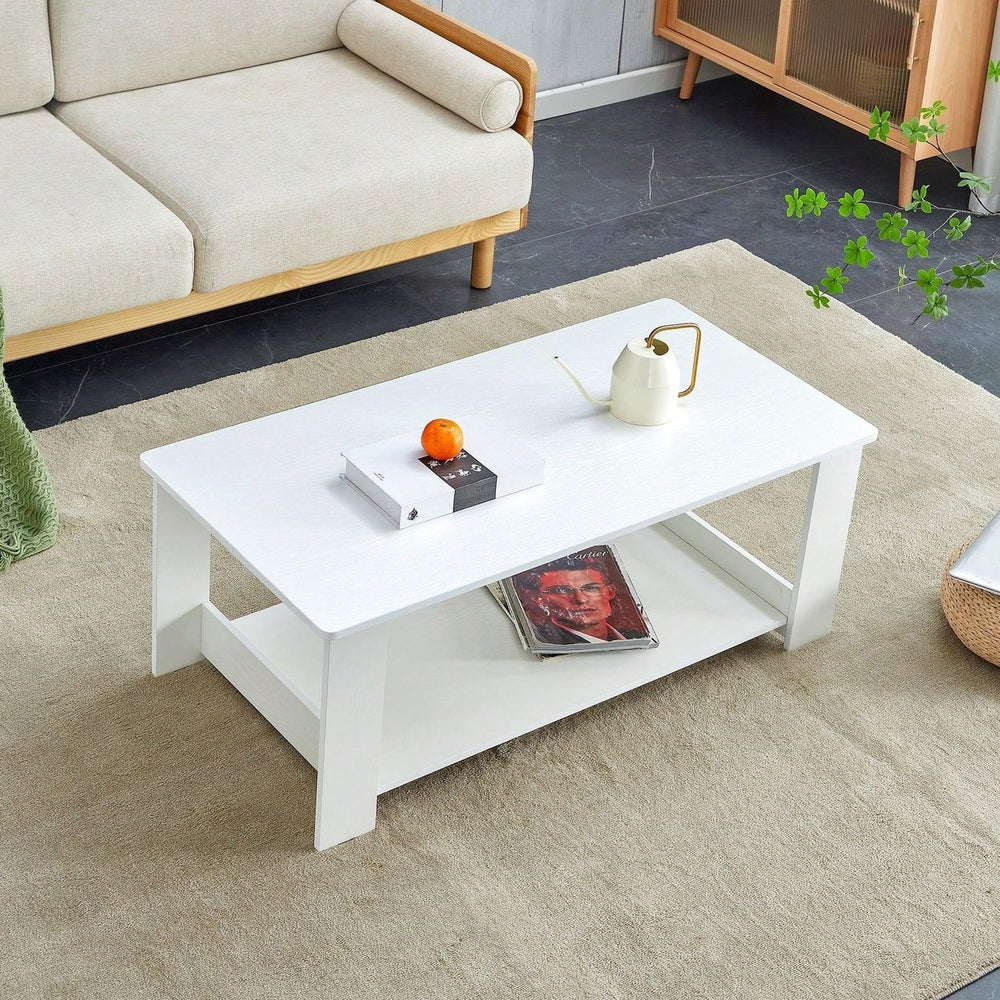 Modern Double Layer White MDF Coffee Table for Living Room Bedroom Study 43.3x21.6x16.5 Inches Image 2