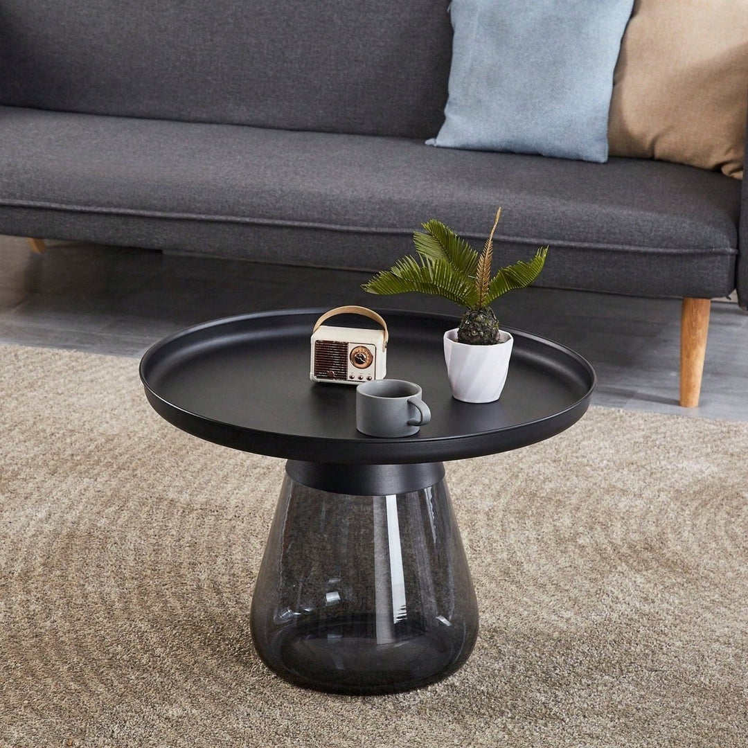 Modern Smoke Glass Coffee Table with Black Top for Living Room or Bedroom - Easy to Move No Assembly Needed Image 2