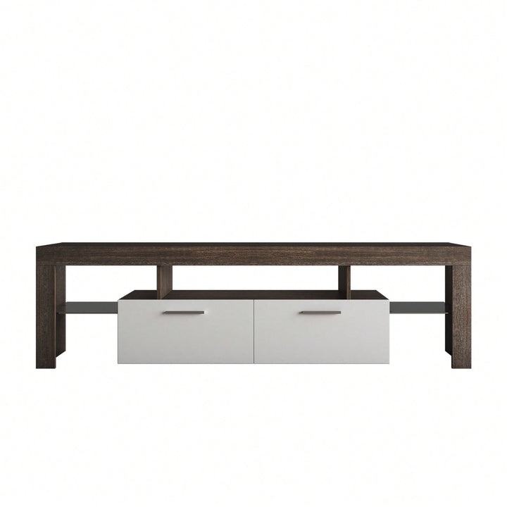 Modern TV Stand With LED Lights And Toughened Glass Shelf Brown + White, Floor Cabinet, Fits Up To 65-Inch TV Image 1