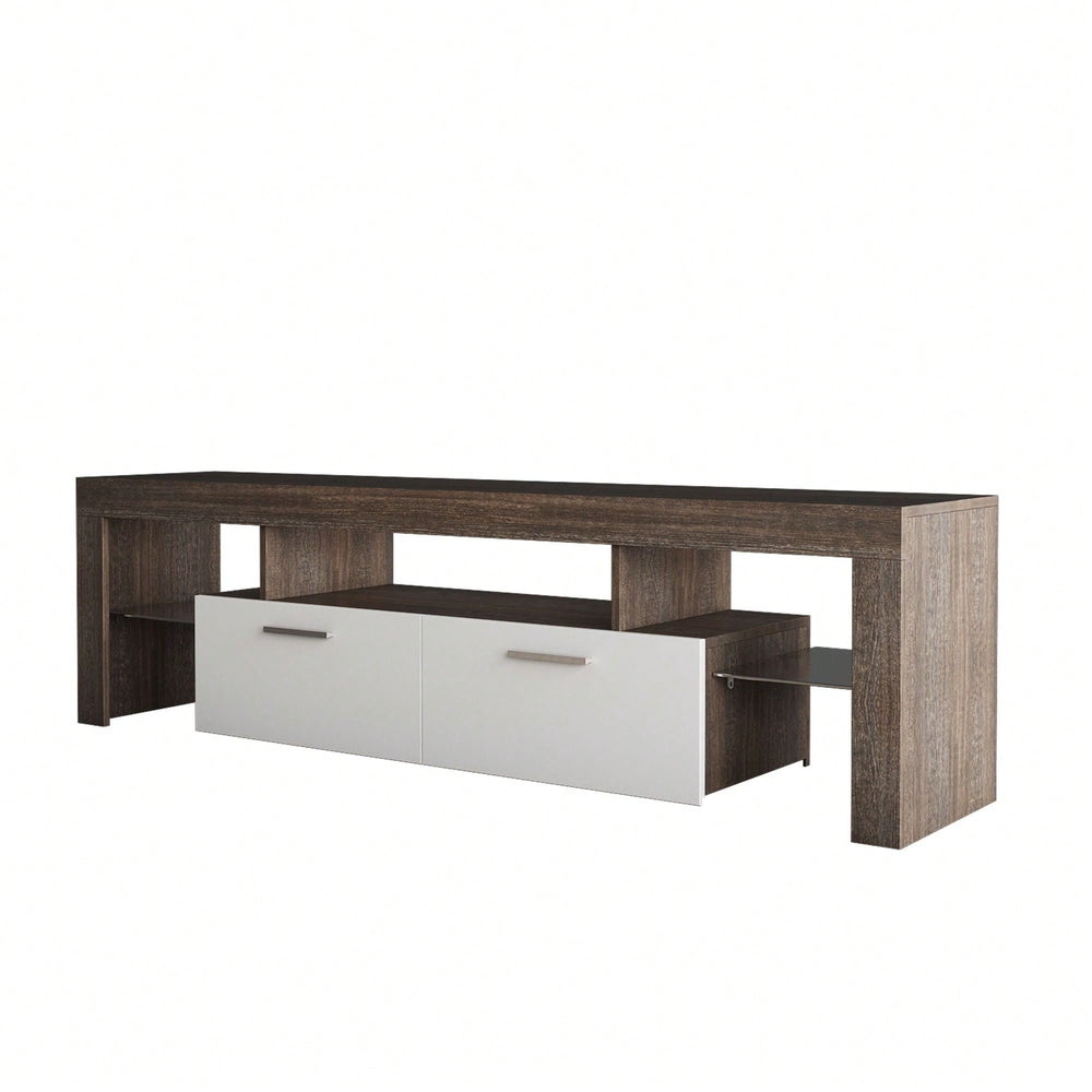 Modern TV Stand With LED Lights And Toughened Glass Shelf Brown + White, Floor Cabinet, Fits Up To 65-Inch TV Image 2