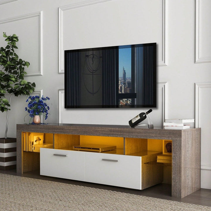 Modern TV Stand With LED Lights And Toughened Glass Shelf Brown + White, Floor Cabinet, Fits Up To 65-Inch TV Image 7