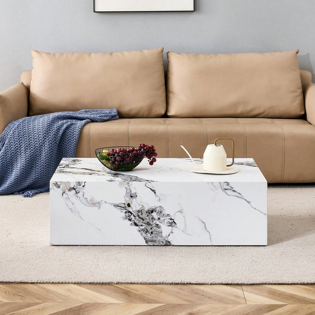 Modern MDF Coffee Table With Marble Pattern Stylish Durable Design 39.37x23.62x11.81 Inches Easy Assembly Living Room Image 1