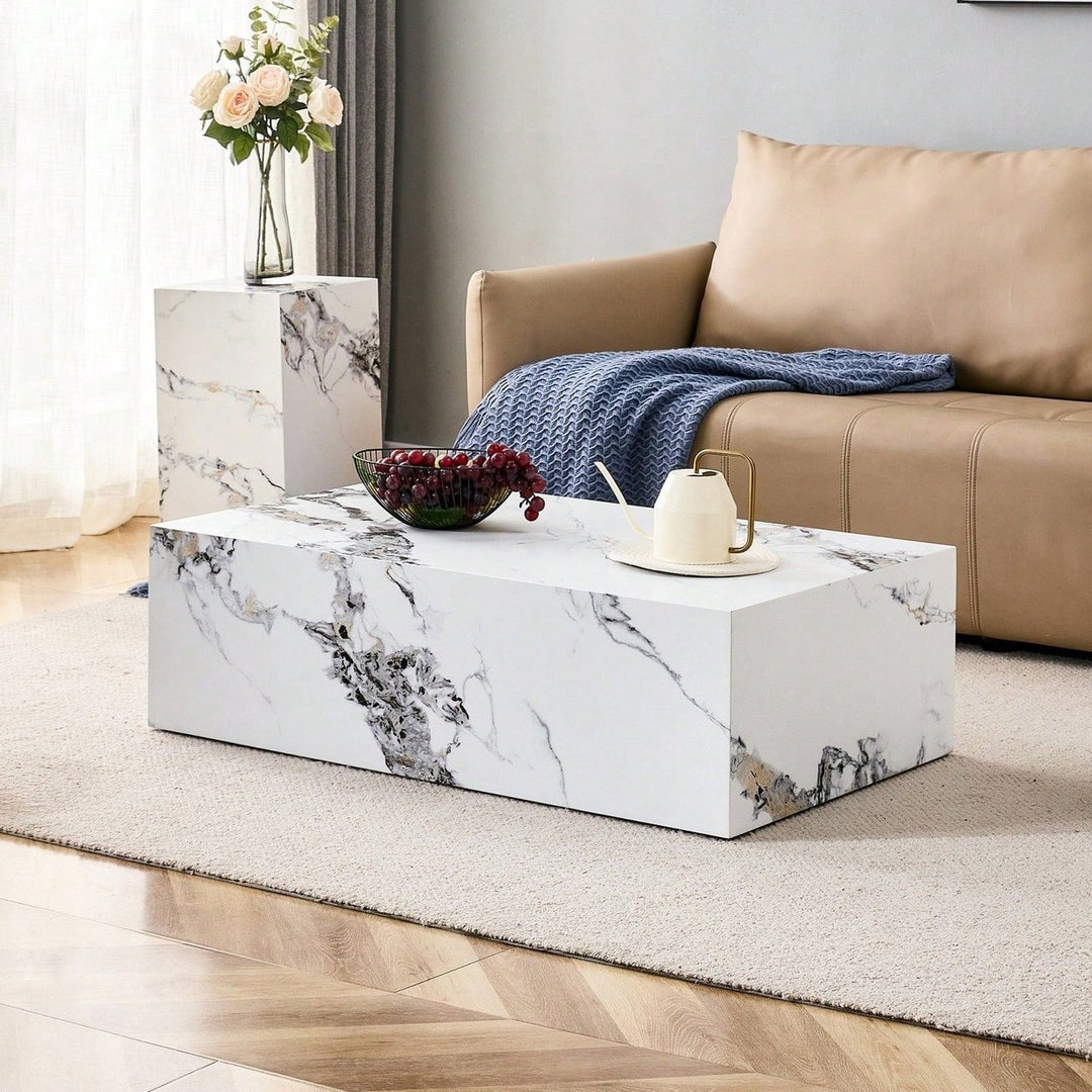 Modern MDF Coffee Table With Marble Pattern Stylish Durable Design 39.37x23.62x11.81 Inches Easy Assembly Living Room Image 2