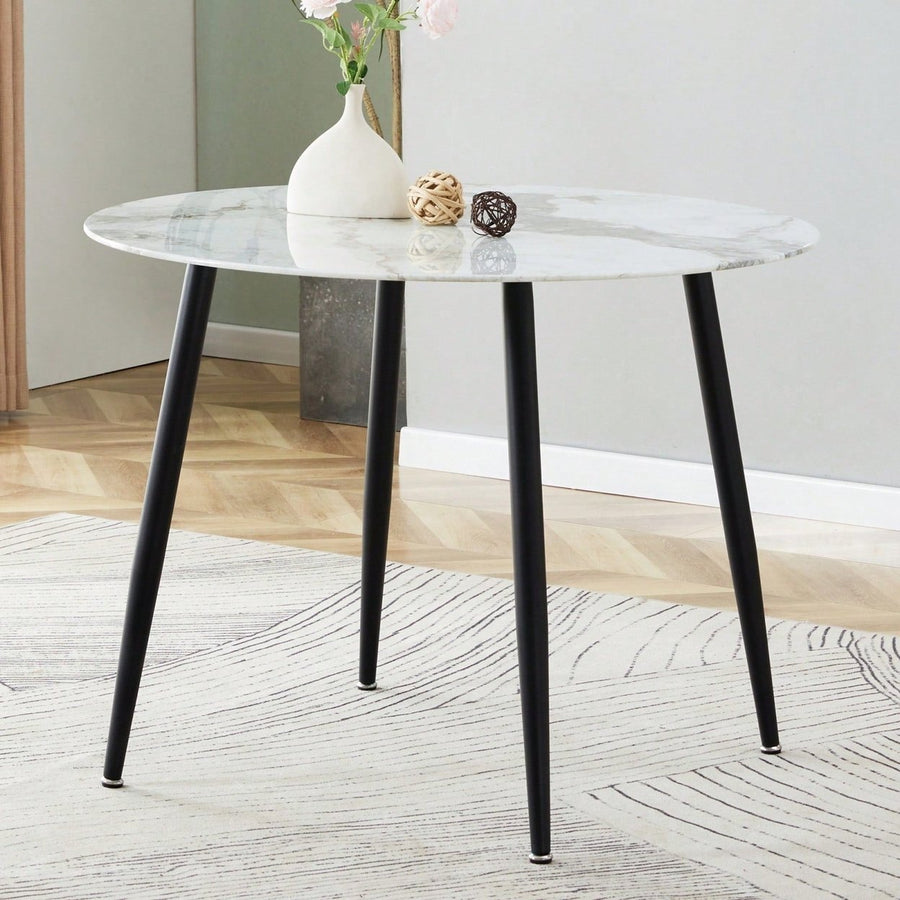 Modern Minimalist 40-Inch Round Dining Table with Imitation Marble Glass Top and Black Metal Legs for Stylish Image 1