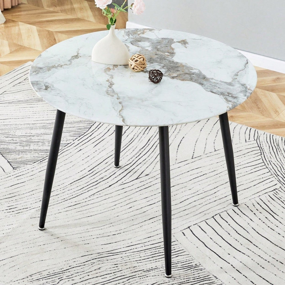 Modern Minimalist 40-Inch Round Dining Table with Imitation Marble Glass Top and Black Metal Legs for Stylish Image 2