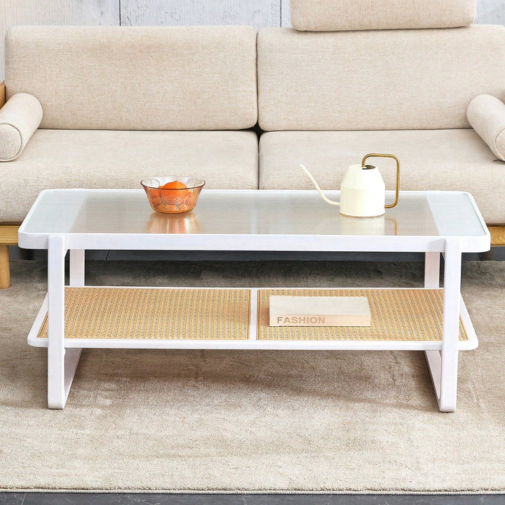 Modern Minimalist Double Layer Solid Wood Coffee Table with Glass Top and Rattan Edge - Farmhouse Style with Storage for Image 1