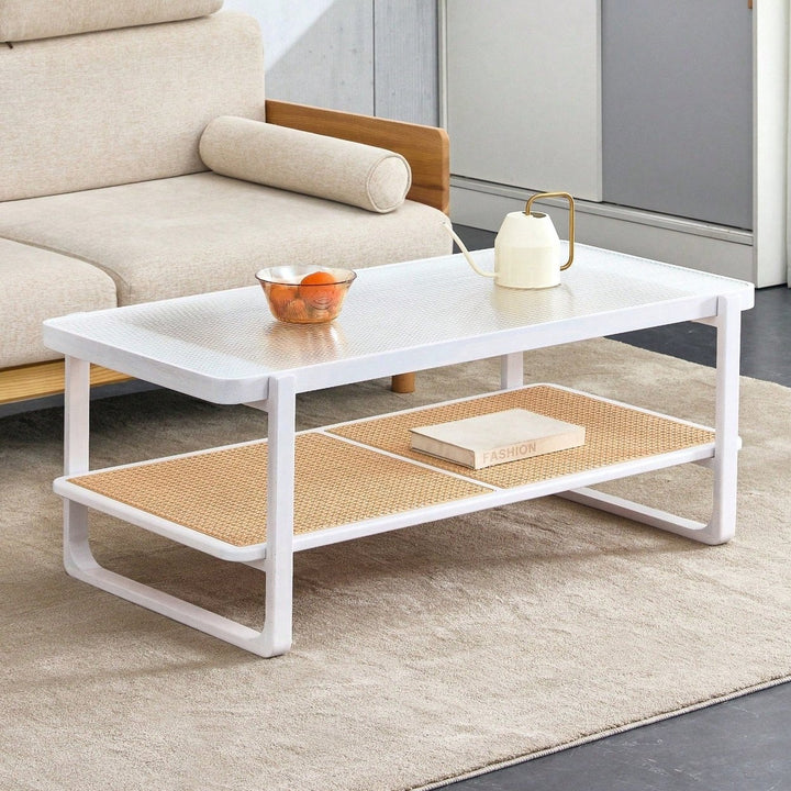 Modern Minimalist Double Layer Solid Wood Coffee Table with Glass Top and Rattan Edge - Farmhouse Style with Storage for Image 2