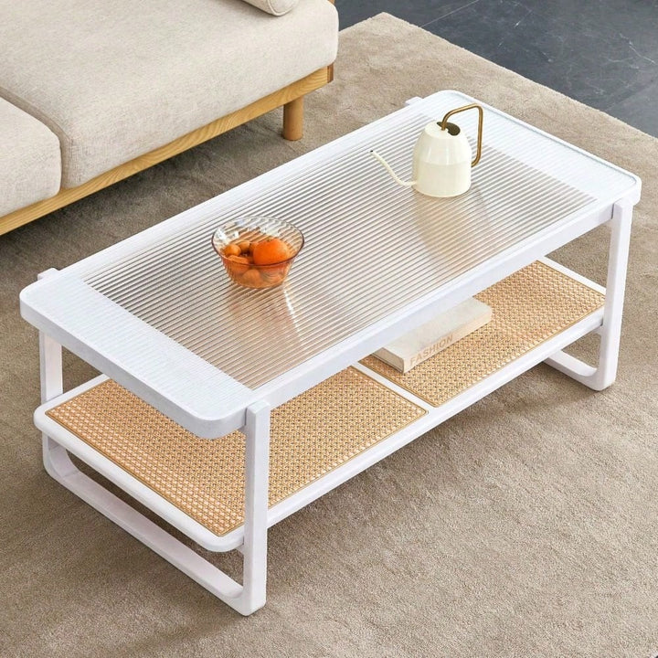 Modern Minimalist Double Layer Solid Wood Coffee Table with Glass Top and Rattan Edge - Farmhouse Style with Storage for Image 3