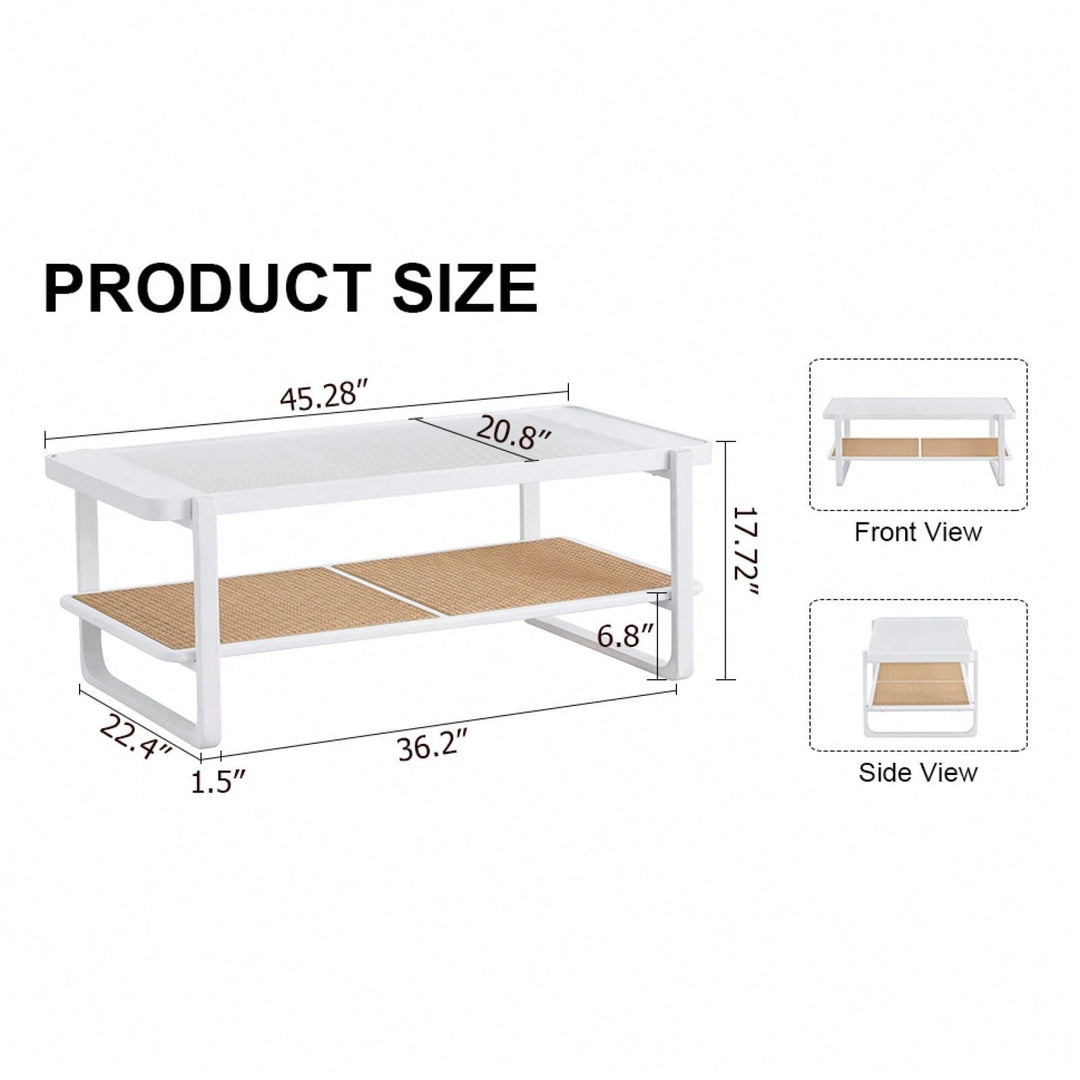 Modern Minimalist Double Layer Solid Wood Coffee Table with Glass Top and Rattan Edge - Farmhouse Style with Storage for Image 4