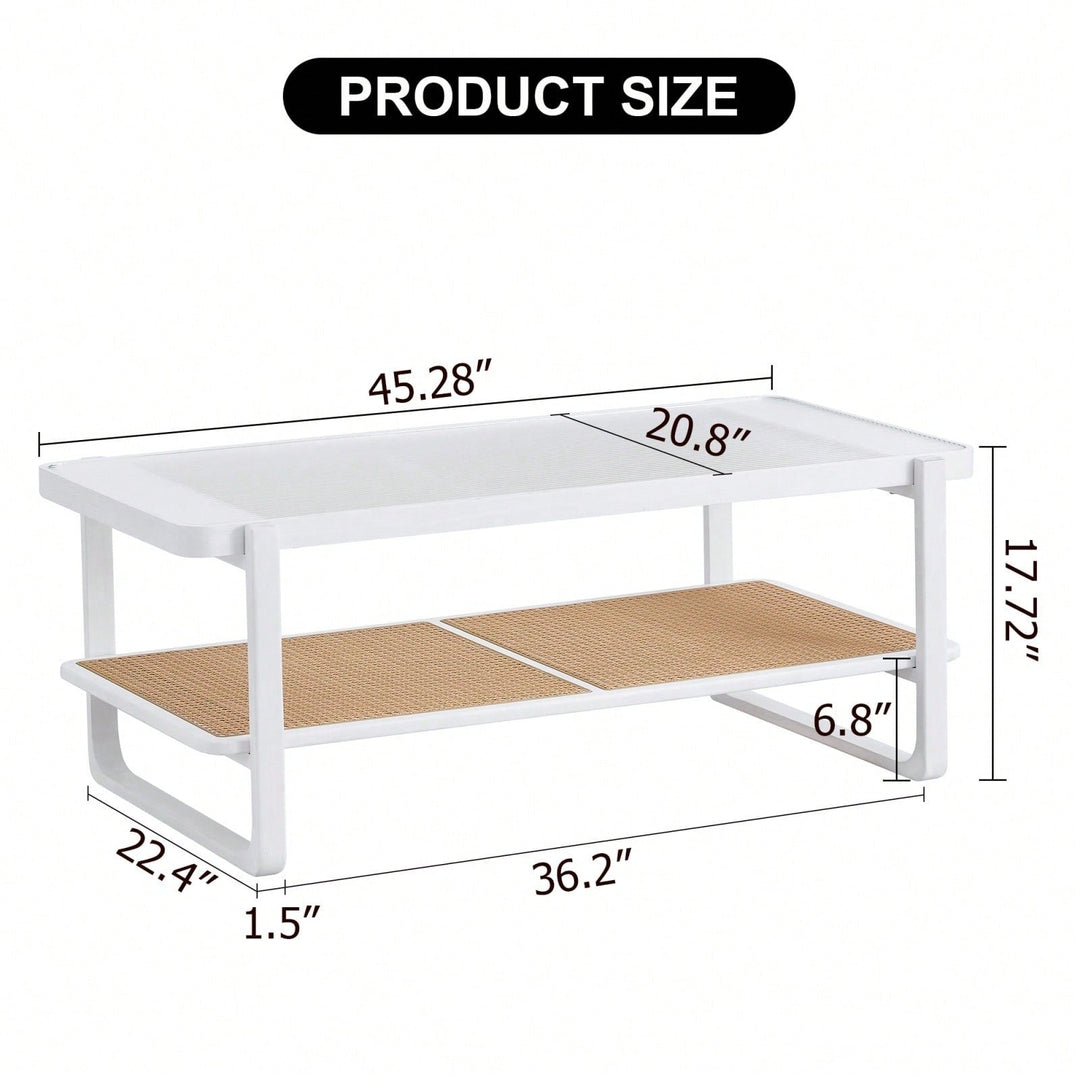 Modern Minimalist Double Layer Solid Wood Coffee Table with Glass Top and Rattan Edge - Farmhouse Style with Storage for Image 6