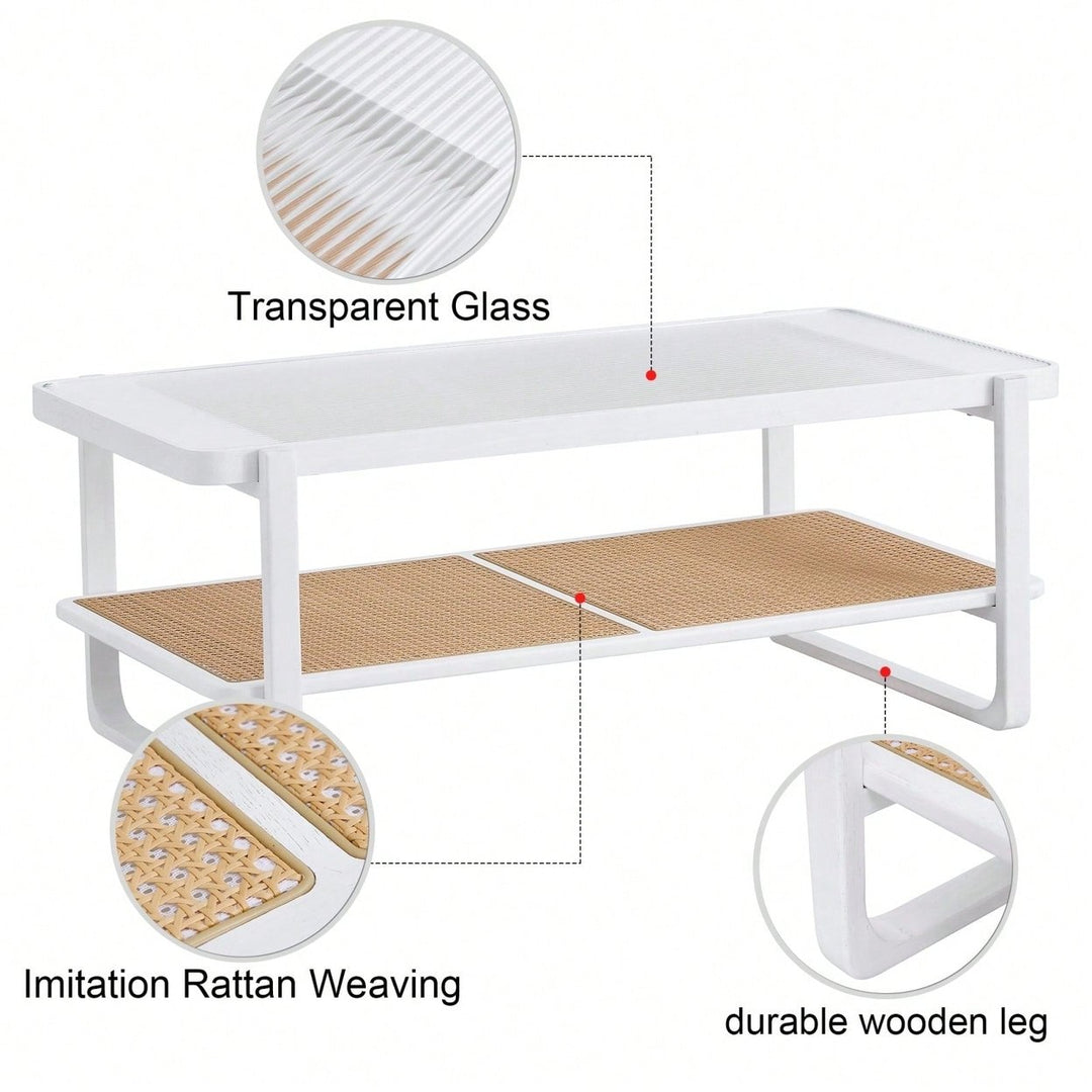 Modern Minimalist Double Layer Solid Wood Coffee Table with Glass Top and Rattan Edge - Farmhouse Style with Storage for Image 7