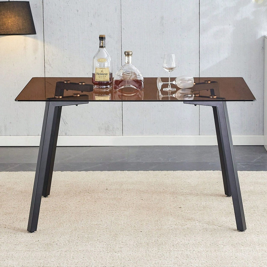 Modern Minimalist Rectangular Brown Glass Dining Table with Black Metal Legs for Kitchen and Living Room Image 1