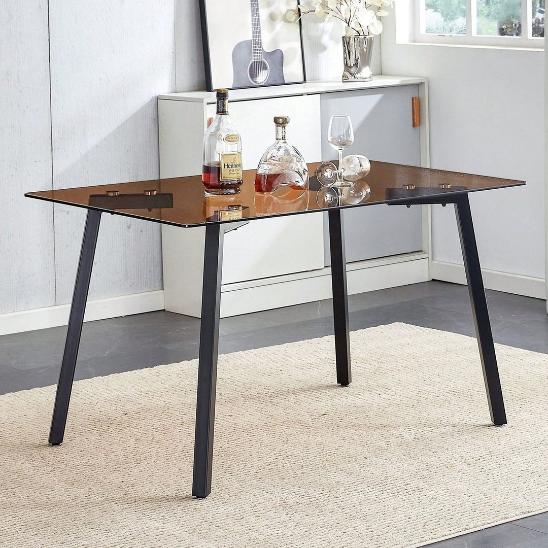 Modern Minimalist Rectangular Brown Glass Dining Table with Black Metal Legs for Kitchen and Living Room Image 2