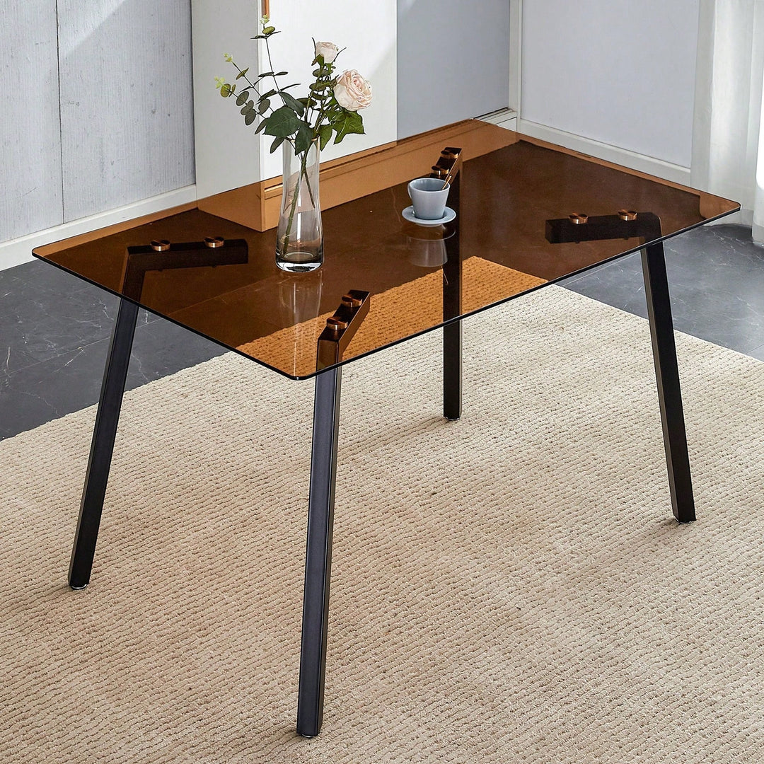 Modern Minimalist Rectangular Brown Glass Dining Table with Black Metal Legs for Kitchen and Living Room Image 4