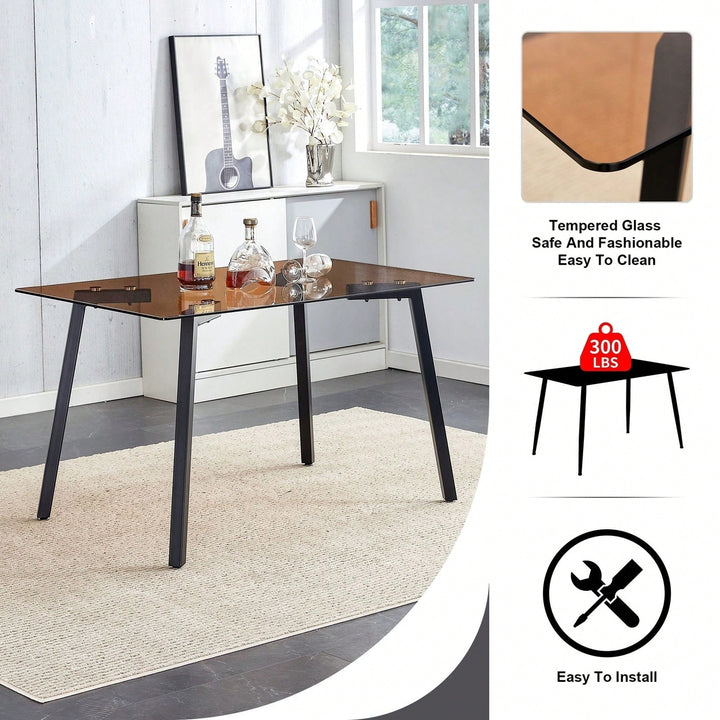 Modern Minimalist Rectangular Brown Glass Dining Table with Black Metal Legs for Kitchen and Living Room Image 5