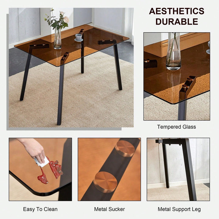 Modern Minimalist Rectangular Brown Glass Dining Table with Black Metal Legs for Kitchen and Living Room Image 6