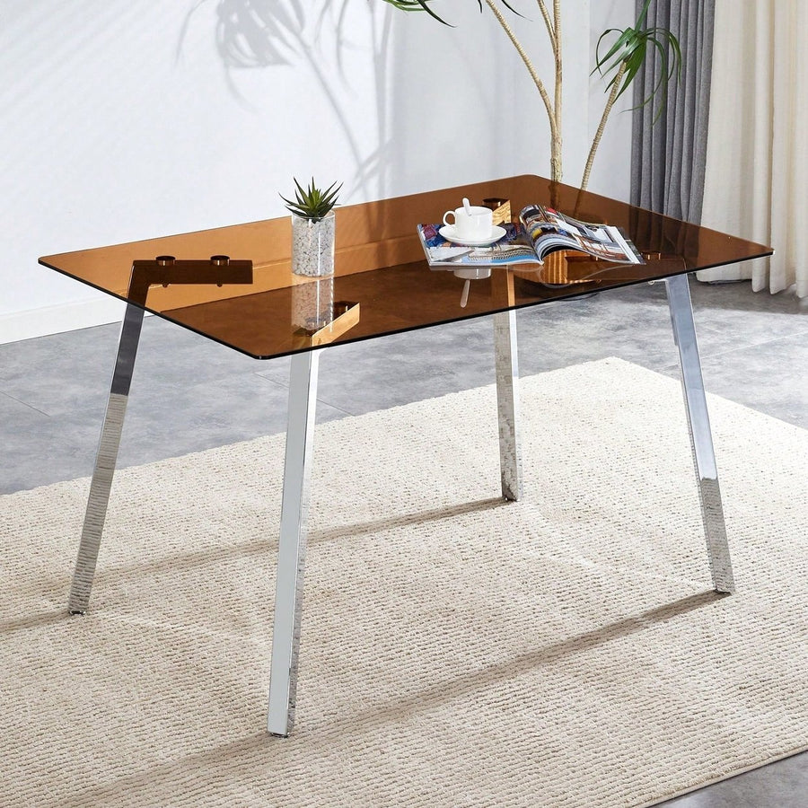 Modern Minimalist Rectangular Glass Dining Table with Brown Tempered Glass Top and Silver Metal Legs for Kitchen and Image 1