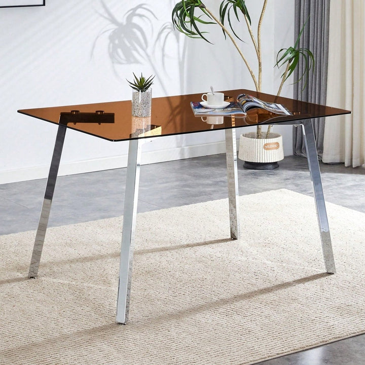 Modern Minimalist Rectangular Glass Dining Table with Brown Tempered Glass Top and Silver Metal Legs for Kitchen and Image 2