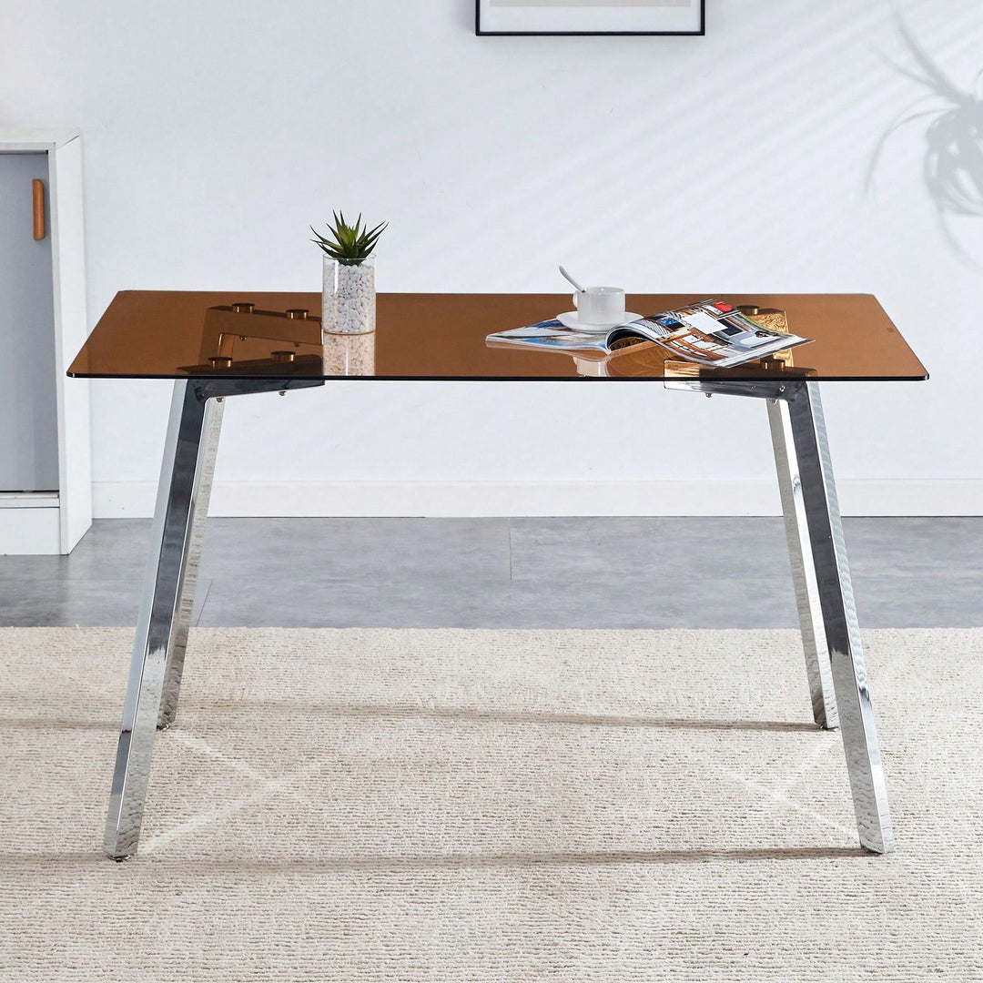 Modern Minimalist Rectangular Glass Dining Table with Brown Tempered Glass Top and Silver Metal Legs for Kitchen and Image 3