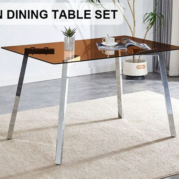 Modern Minimalist Rectangular Glass Dining Table with Brown Tempered Glass Top and Silver Metal Legs for Kitchen and Image 4