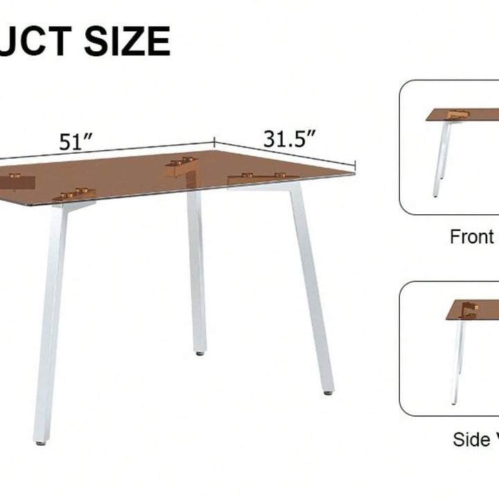 Modern Minimalist Rectangular Glass Dining Table with Brown Tempered Glass Top and Silver Metal Legs for Kitchen and Image 5