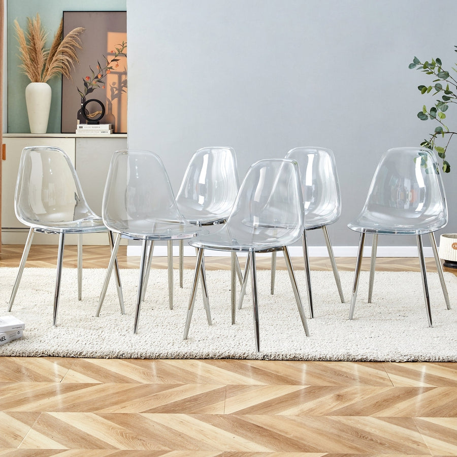 Modern Minimalist Transparent Dining Chair Set 6pcs Armless Nordic Makeup Stool with Silver Plated Metal Legs Image 1