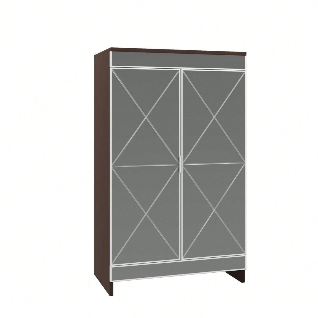 Modern Mirrored Shoe Storage Cabinet with Silver Edging and Geometric Cutouts for Entryway Vertical Design Image 1