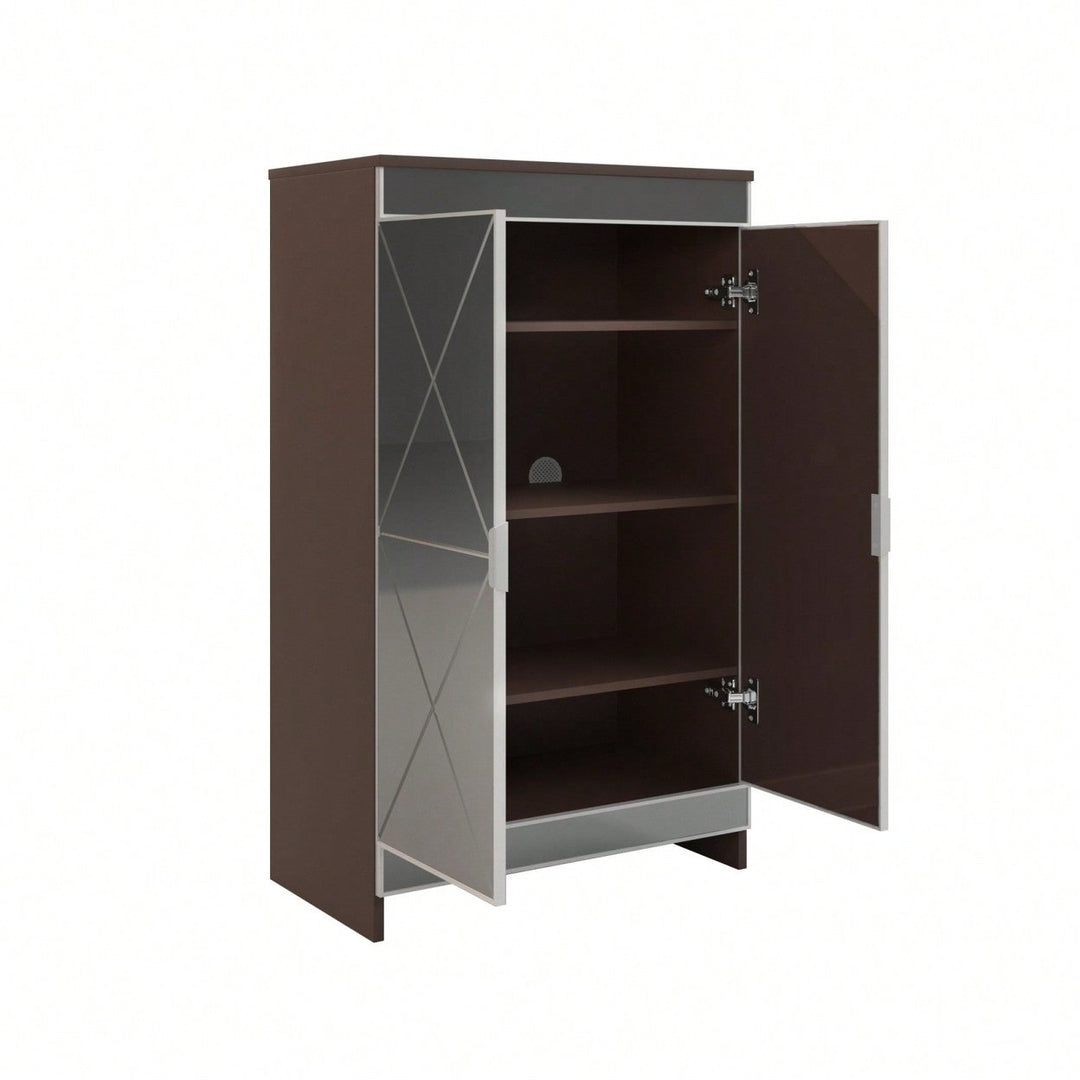 Modern Mirrored Shoe Storage Cabinet with Silver Edging and Geometric Cutouts for Entryway Vertical Design Image 2