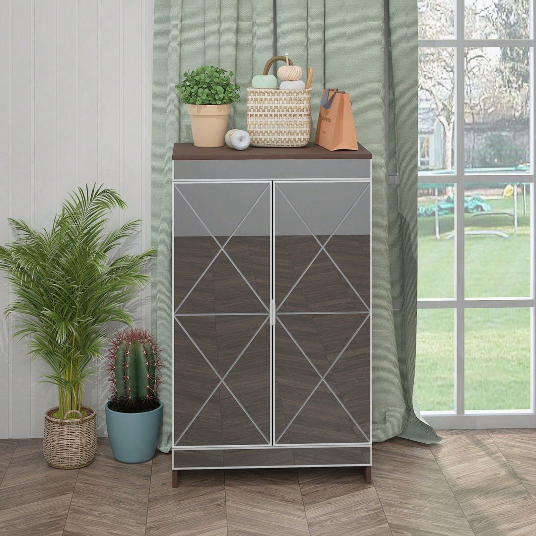 Modern Mirrored Shoe Storage Cabinet with Silver Edging and Geometric Cutouts for Entryway Vertical Design Image 3