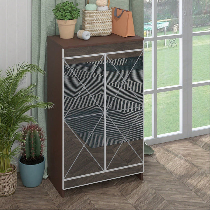 Modern Mirrored Shoe Storage Cabinet with Silver Edging and Geometric Cutouts for Entryway Vertical Design Image 4