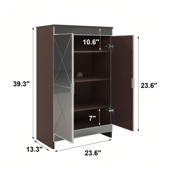 Modern Mirrored Shoe Storage Cabinet with Silver Edging and Geometric Cutouts for Entryway Vertical Design Image 5