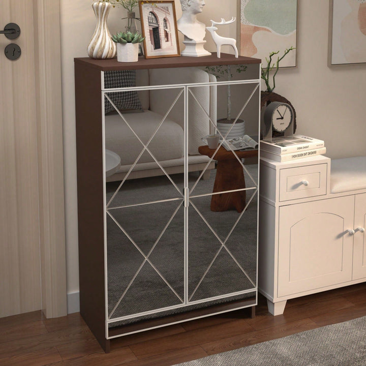 Modern Mirrored Shoe Storage Cabinet with Silver Edging and Geometric Cutouts for Entryway Vertical Design Image 6