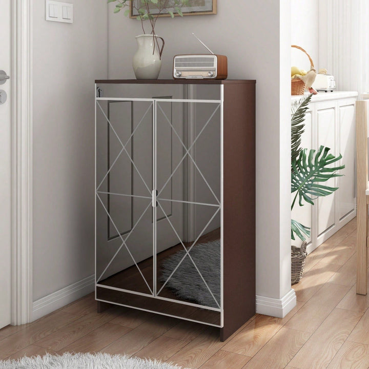 Modern Mirrored Shoe Storage Cabinet with Silver Edging and Geometric Cutouts for Entryway Vertical Design Image 7