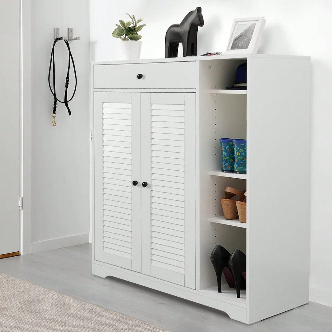 Modern Narrow Shoe Rack with Adjustable Shelves and Top Drawer for Entryway Storage Image 1