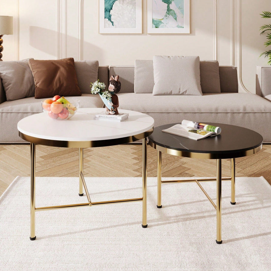 Modern Nesting Coffee Tables Set 2-Piece Round Side Tables with Black White Sintered Stone Tops Gold Metal Base 23.6 Image 1