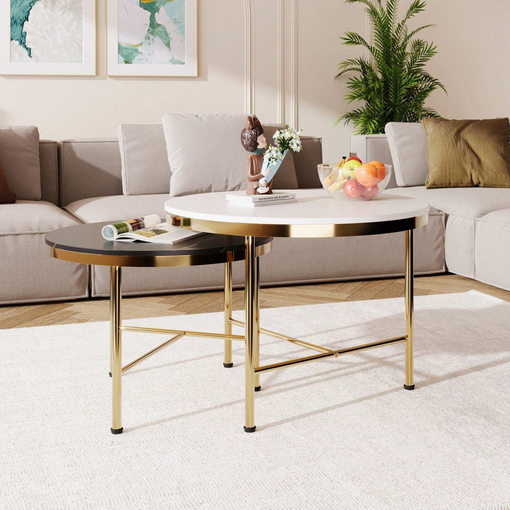 Modern Nesting Coffee Tables Set 2-Piece Round Side Tables with Black White Sintered Stone Tops Gold Metal Base 23.6 Image 2