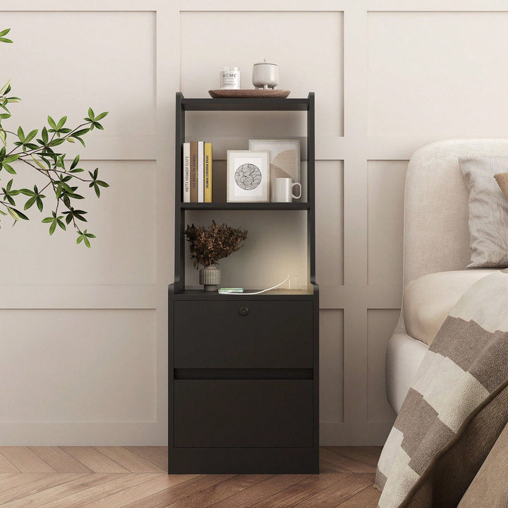 Modern Nightstand with Charging Station and Night Light - Stylish Storage Cabinet for Bedroom with Bookshelf Image 5