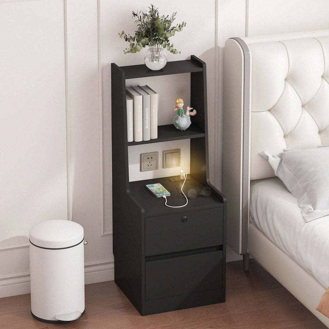 Modern Nightstand with Charging Station and Night Light - Stylish Storage Cabinet for Bedroom with Bookshelf Image 6