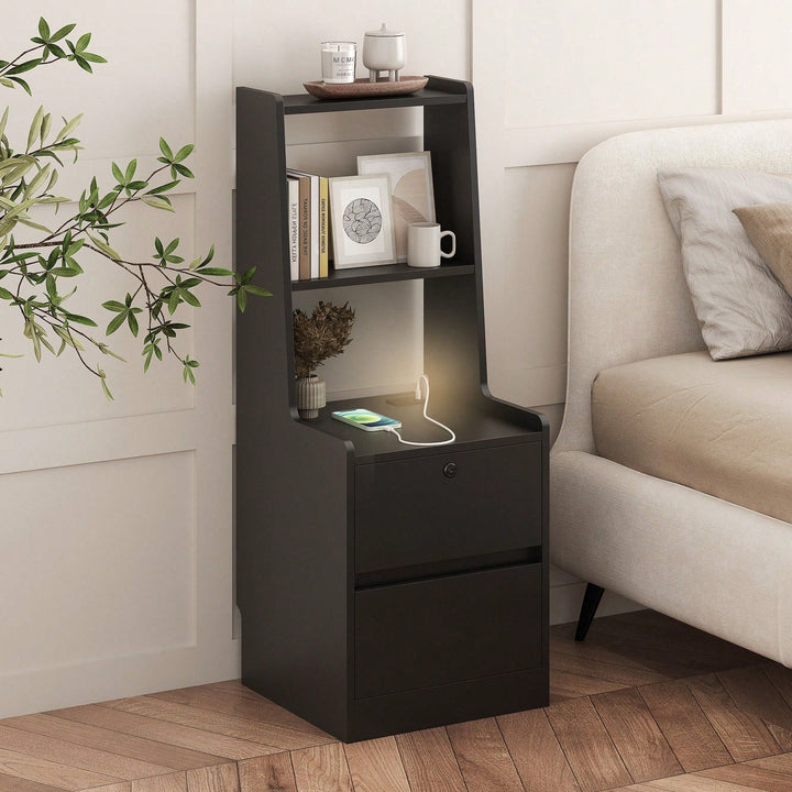 Modern Nightstand with Charging Station and Night Light - Stylish Storage Cabinet for Bedroom with Bookshelf Image 7