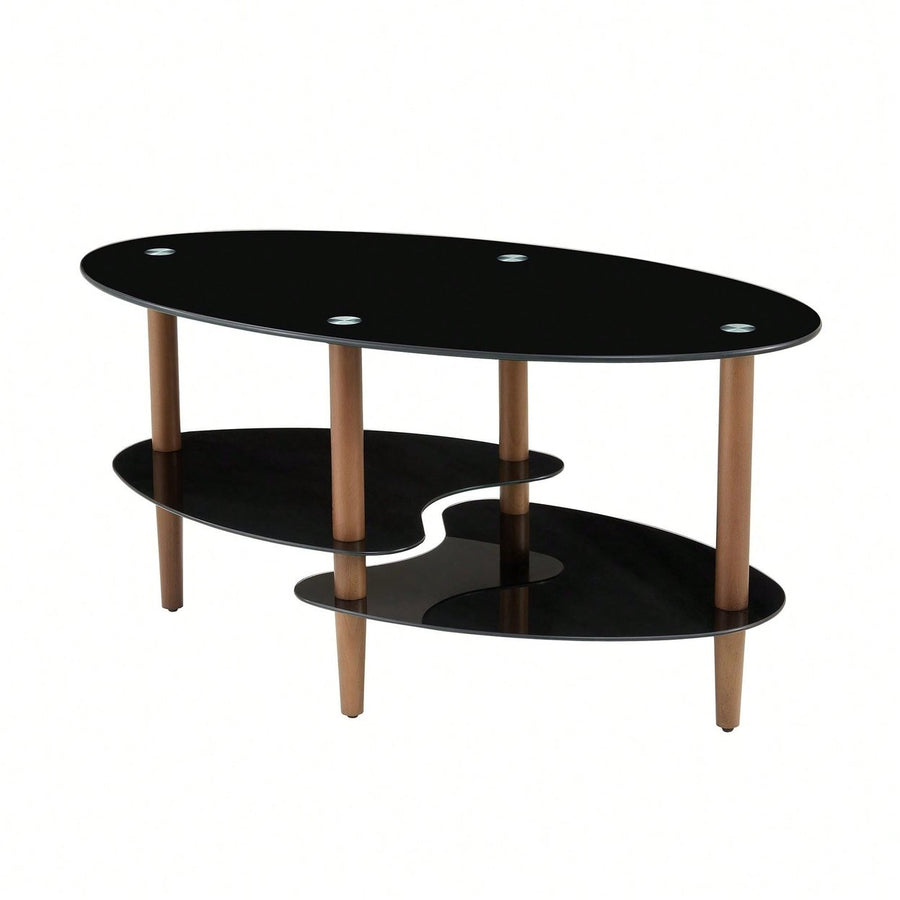 Modern Oval Coffee Table With Tempered Glass Top, Oak Wood Leg, And Storage Space Image 1