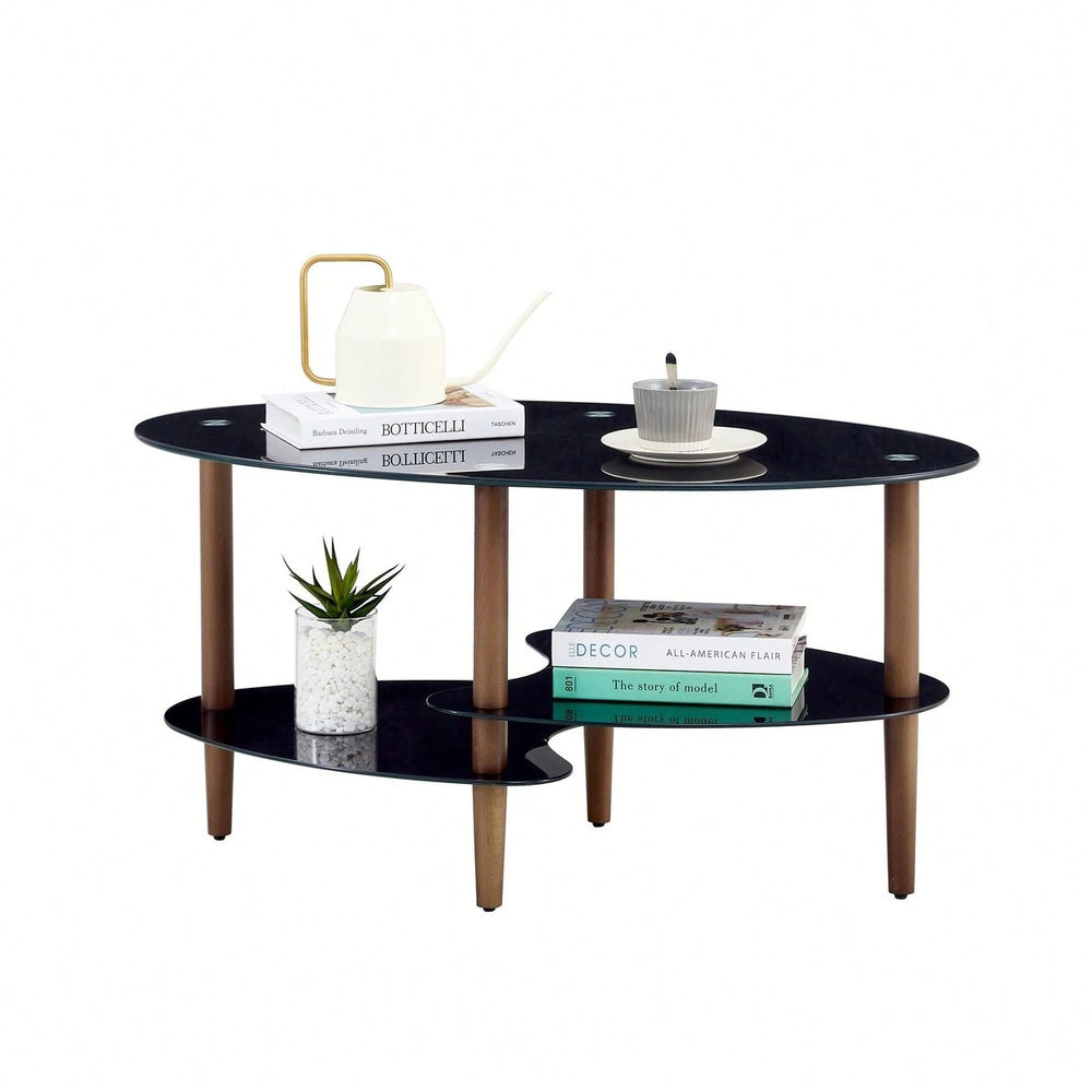 Modern Oval Coffee Table With Tempered Glass Top, Oak Wood Leg, And Storage Space Image 2